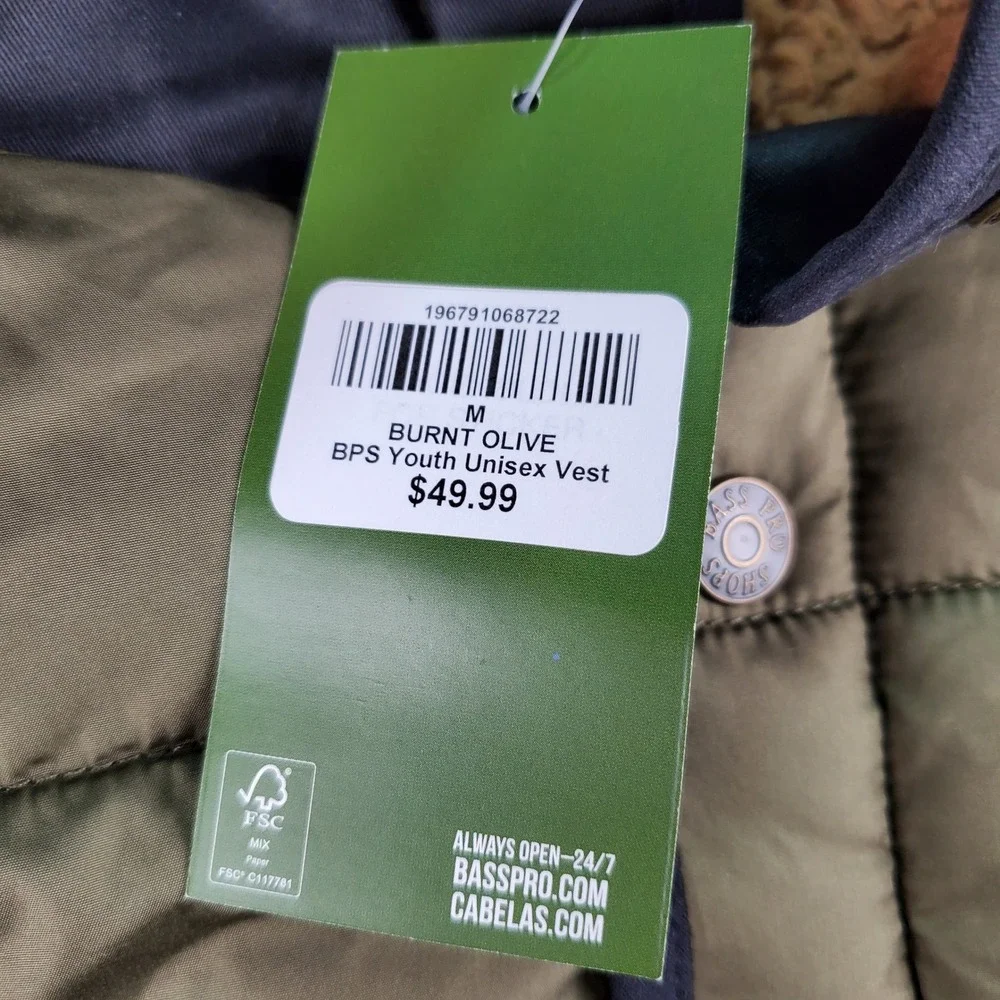 Bass Pro Shops Youth Unisex Vest Burnt Olive Hooded Sherpa Lined Size M